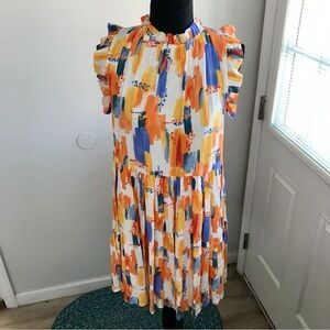 ANDTHEWHY Peyton Ruffle Dress, Size Medium, Tiered Dress Geometric Design
